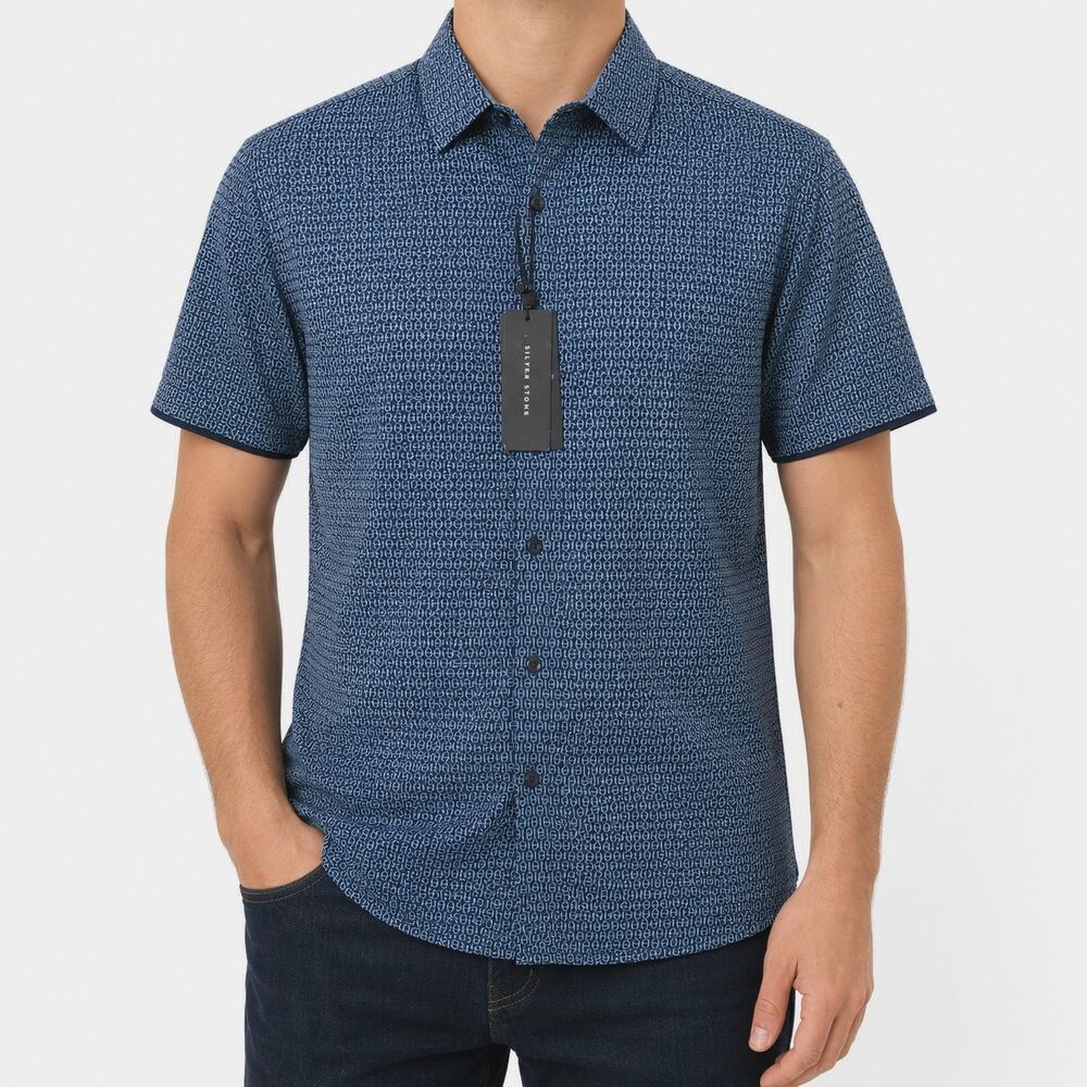 NEW Silver Stone Collection Shirt Mens M Blue Short Sleeve Modern Fit Button-Up